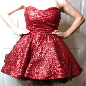 Holiday Party Red Dress Size 8 Vintage Skater Lolita Strapless Sequins